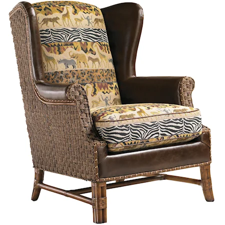 Sanctuary Leather/Fabric-Upholstered Wing Chair with Woven Rattan Back & Sides